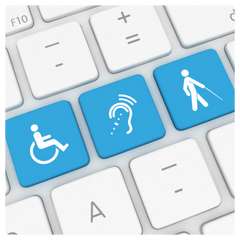 A keyboard with three buttons displaying a person in a wheelchair, an ear indicating hearing and an outline of a man using a white cane