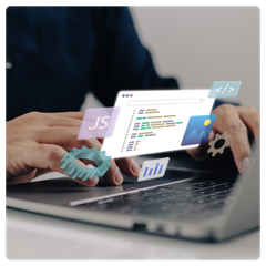 Someone using a laptop with code symbols, an online window, a graph and photo icon hovering above the keyboard